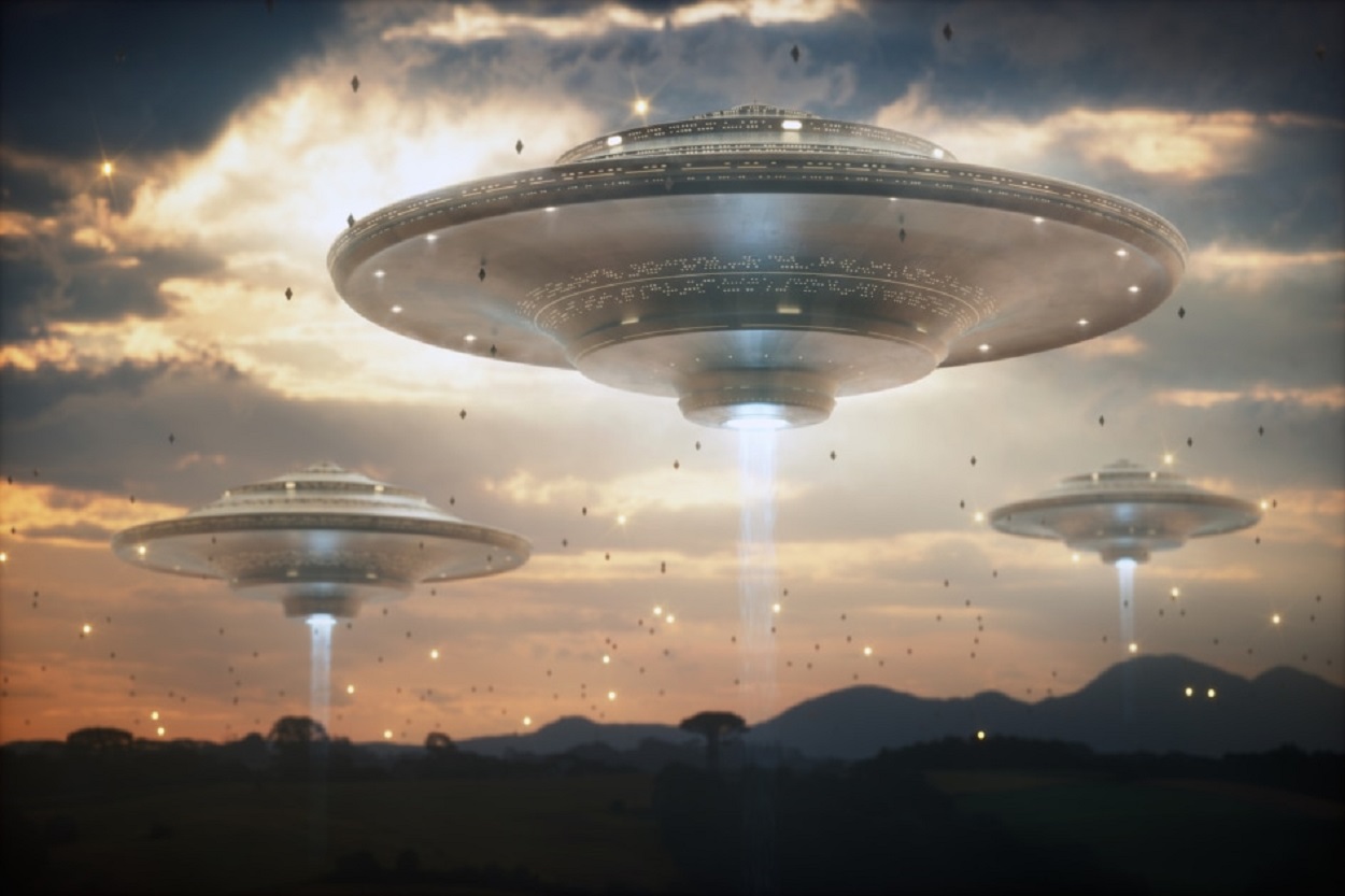 A depiction of three UFOs