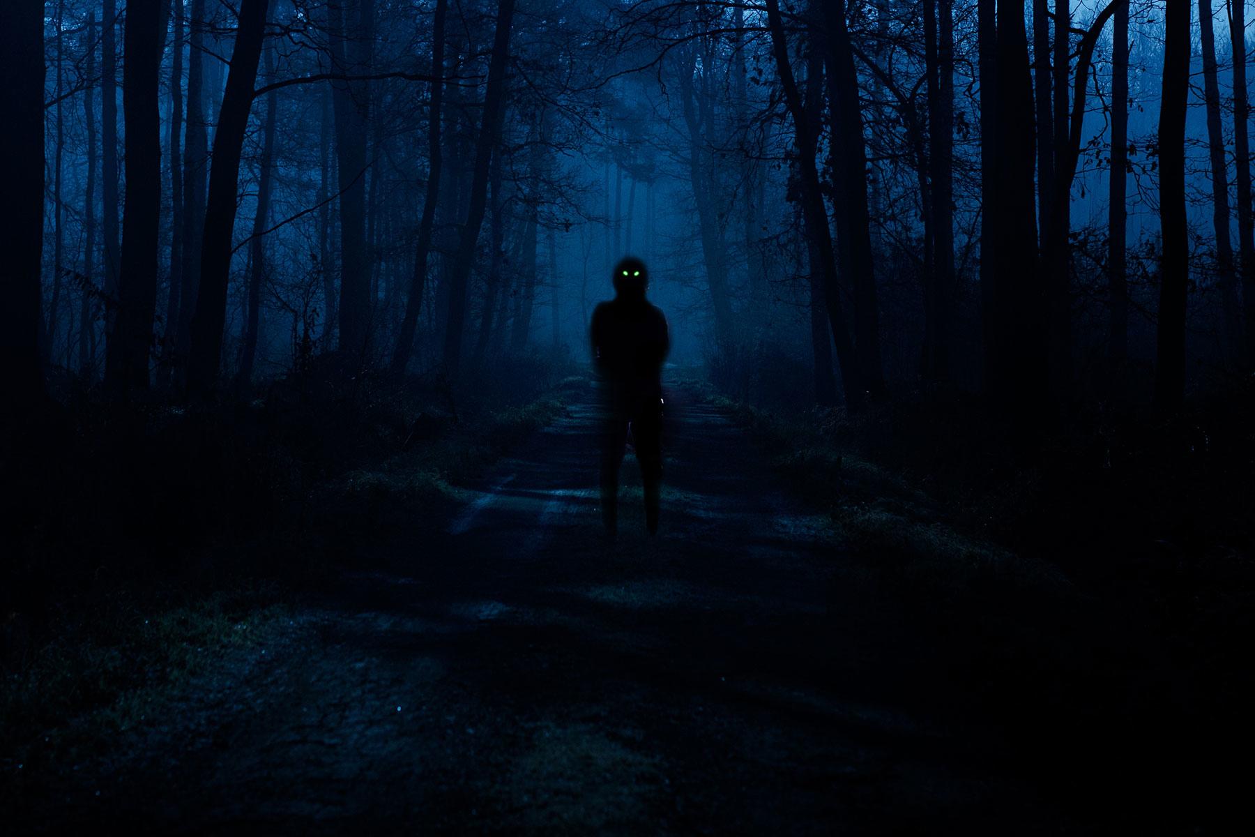 A dark figure in the woods with glowing eyes