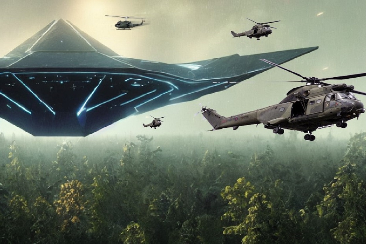 A depiction of a large UFO surrounded by helicopters