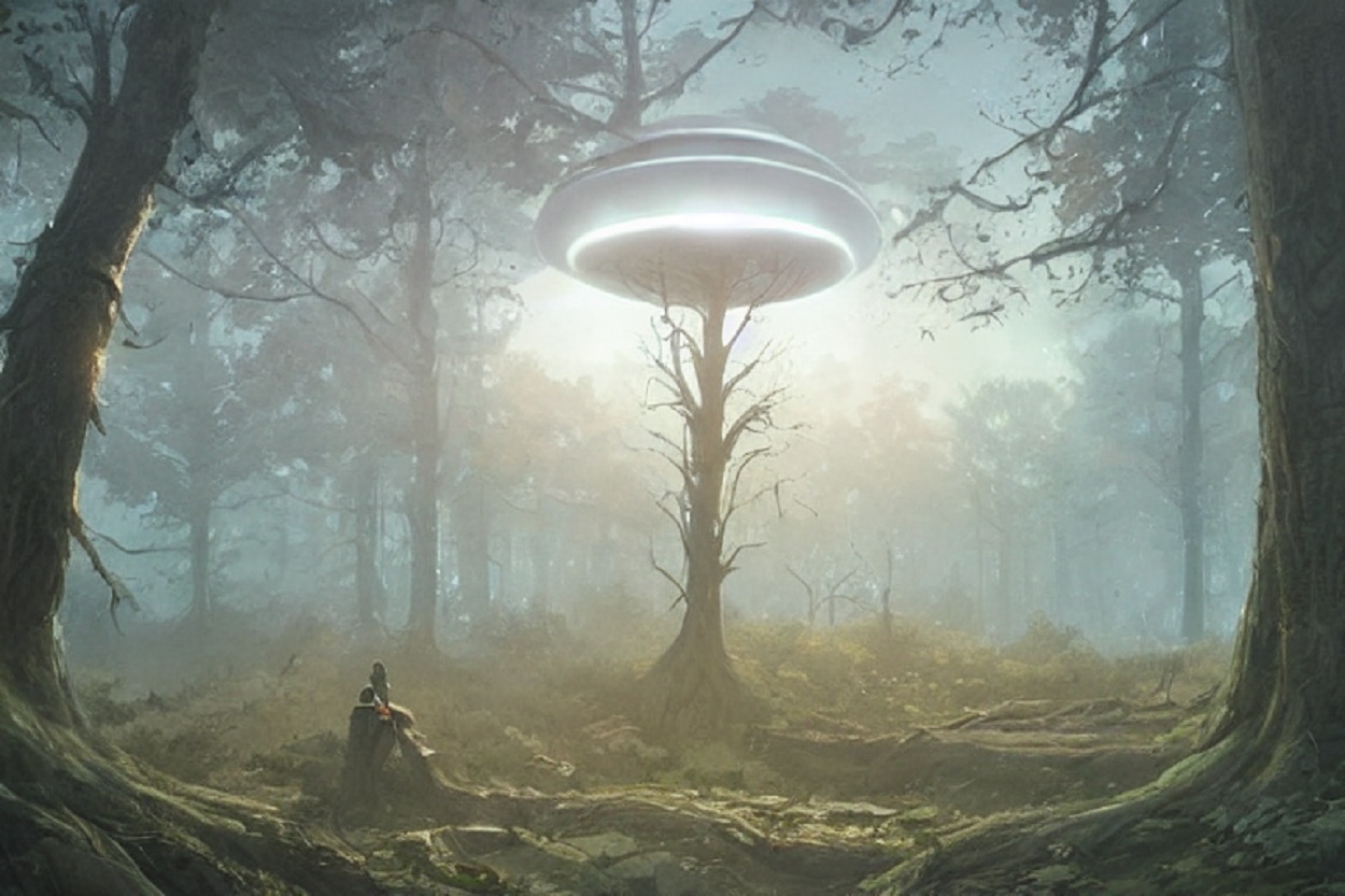 A depiction of a UFO landing in the woods