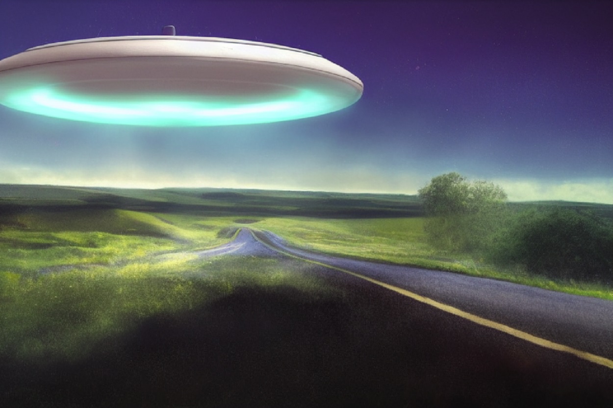 A depiction of a UFO over a quiet road