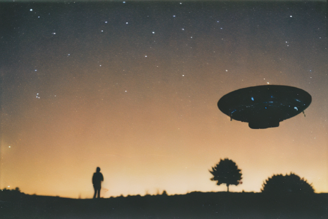 A depiction of a man standing staring at a UFO