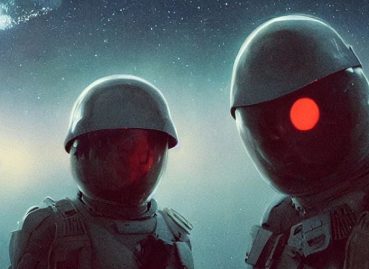 A depiction of two humanoids wearing helmets with visors