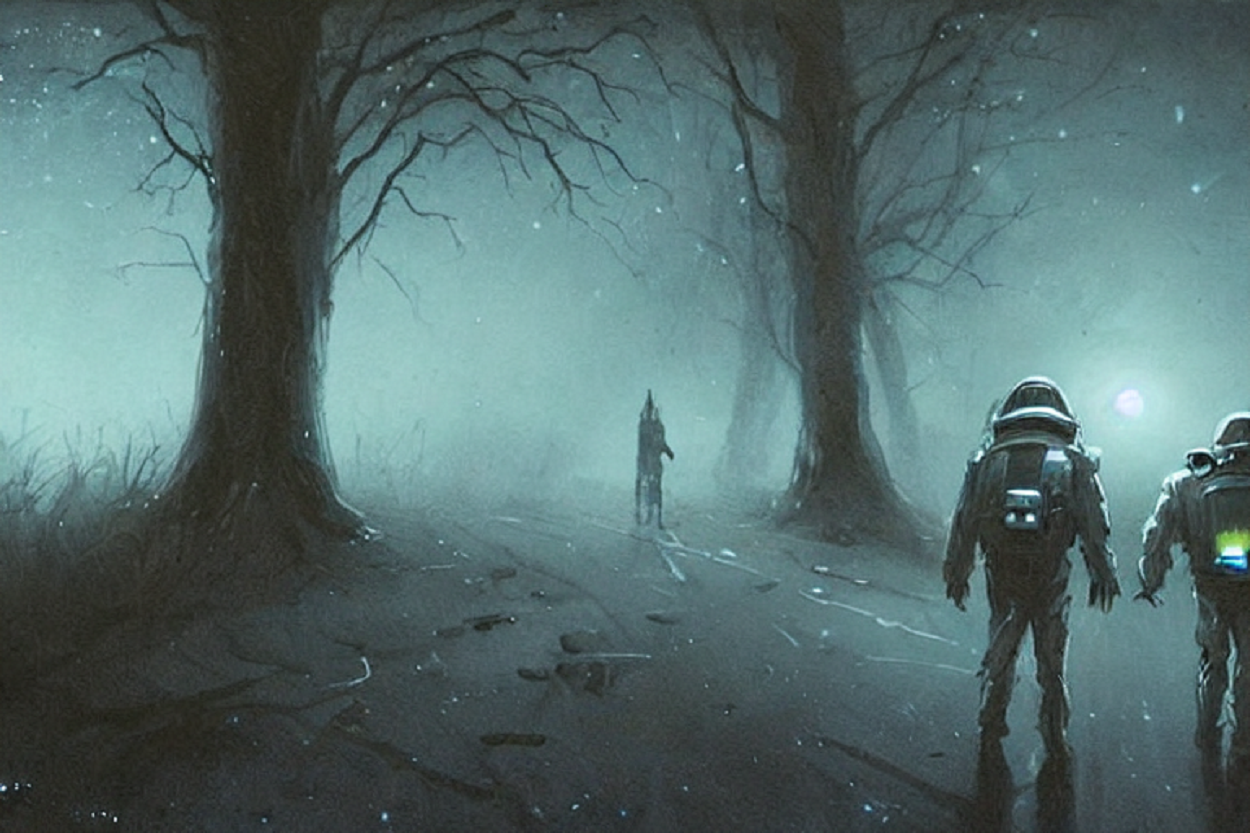 A depiction of aliens wearing helmets on a quiet road