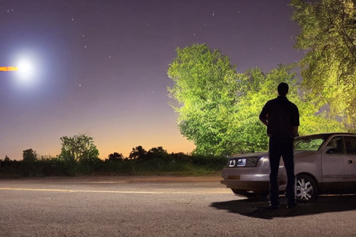 A depiction of a man watching a UFO standing in front of his car
