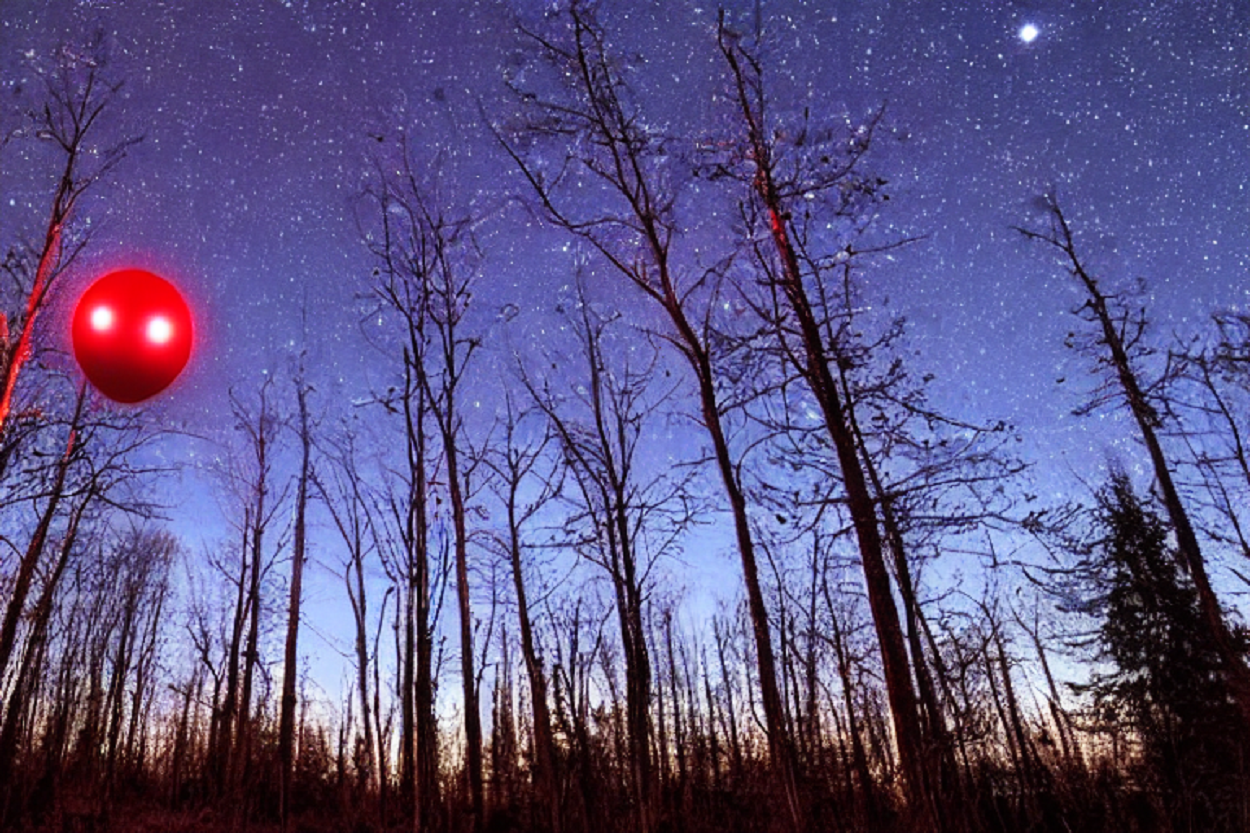 A depiction of a glowing object over the woods