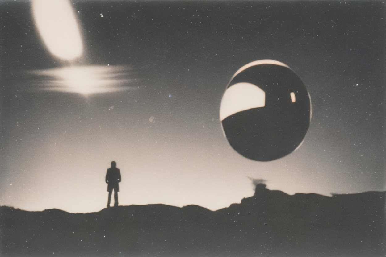 A depiction of a man standing staring up at a UFO