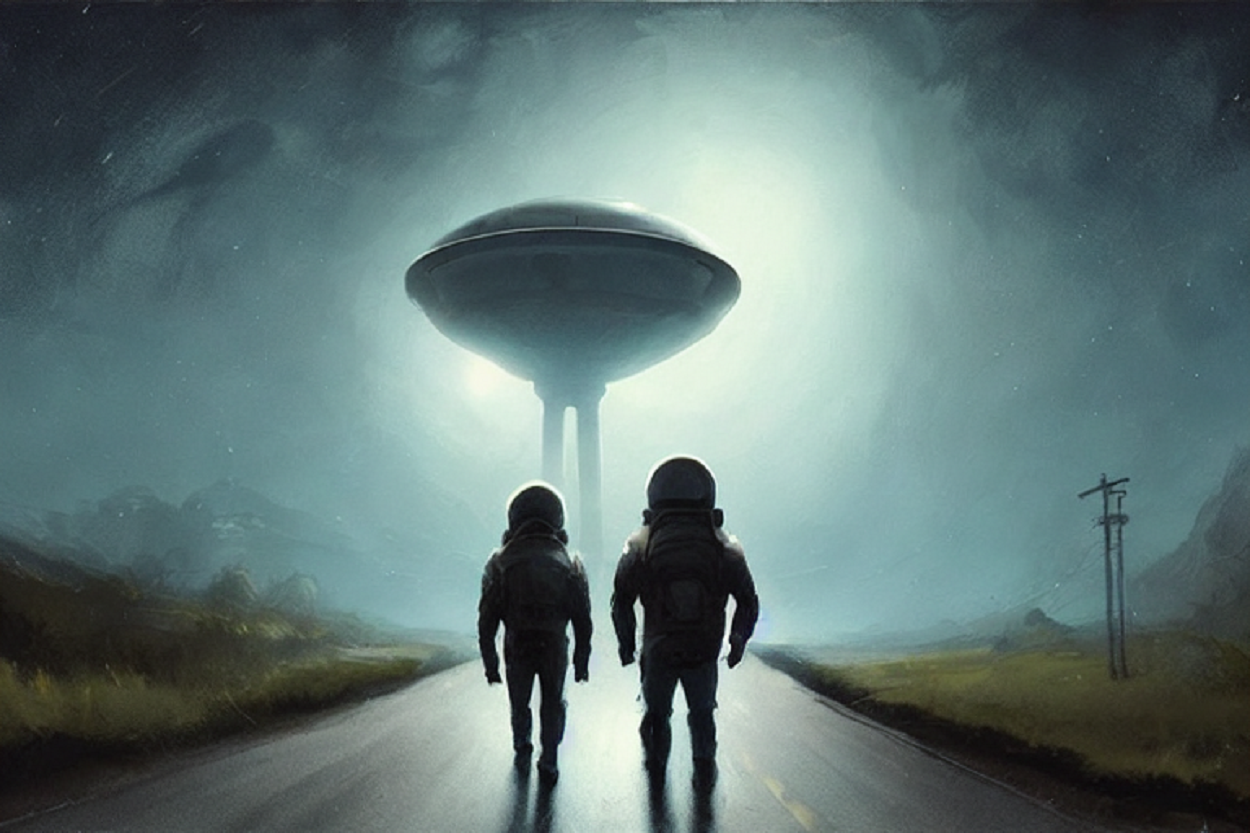 Two humanoids walking along a road with a spaceship in the background