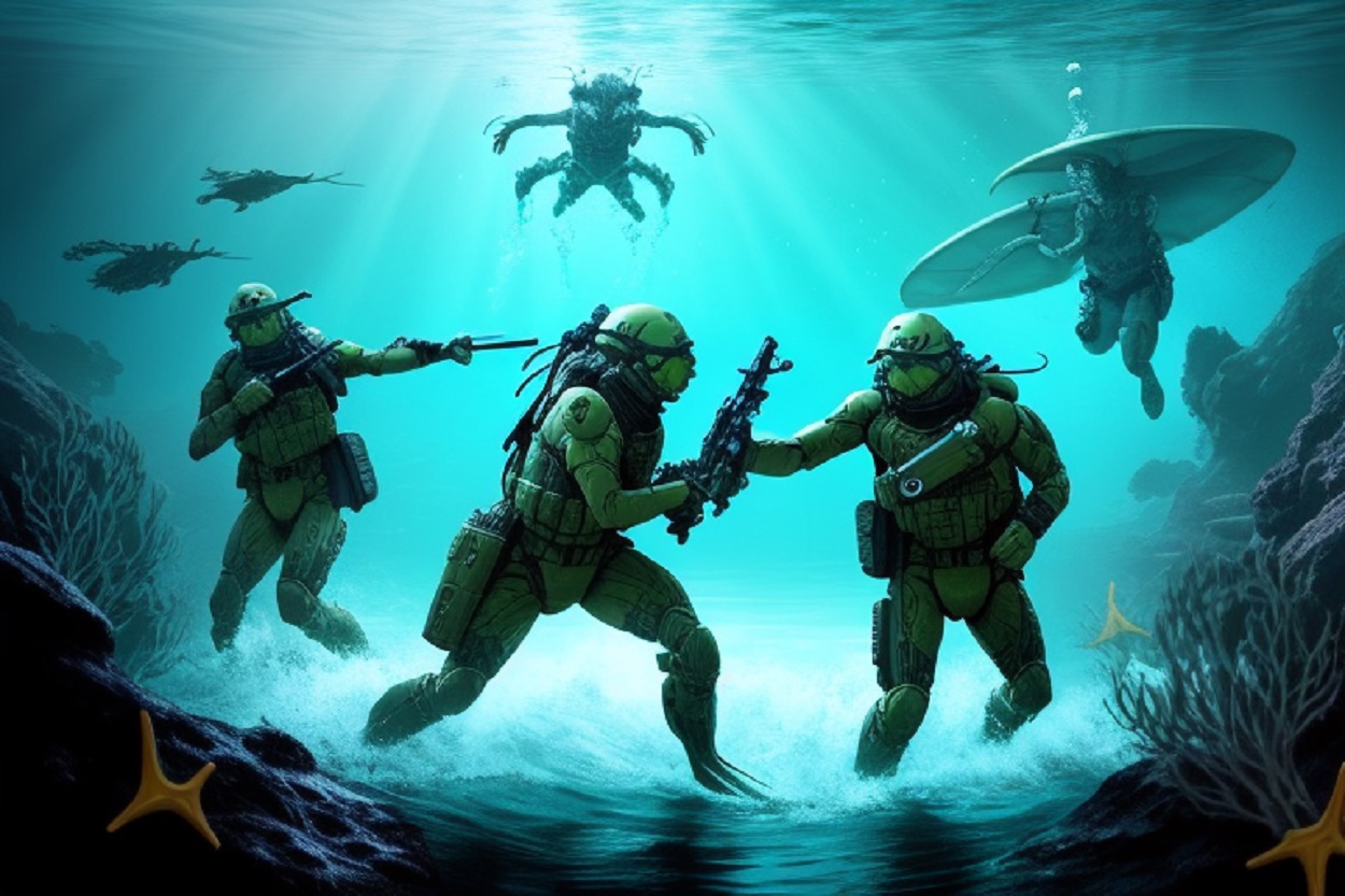 A depiction of an underwater battle between soldiers and aliens