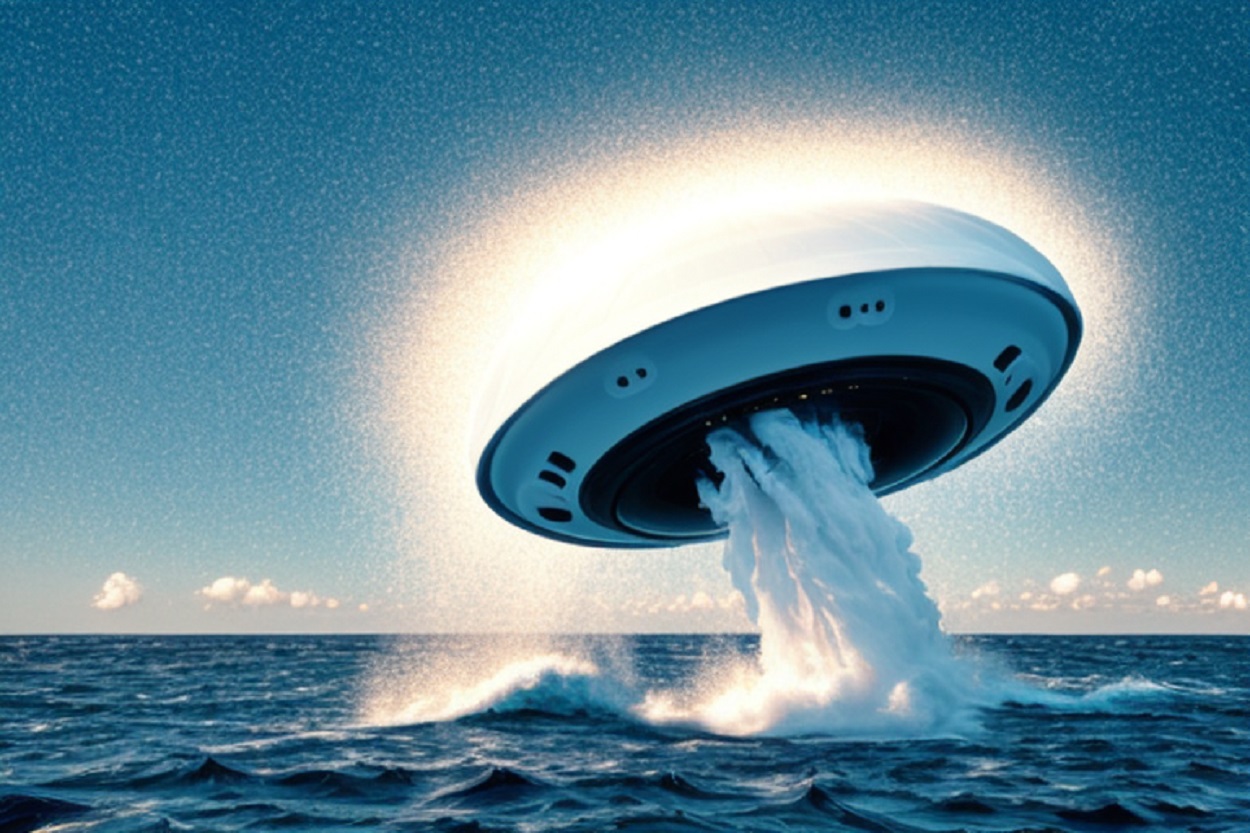 A depiction of a UFO emerging from the water