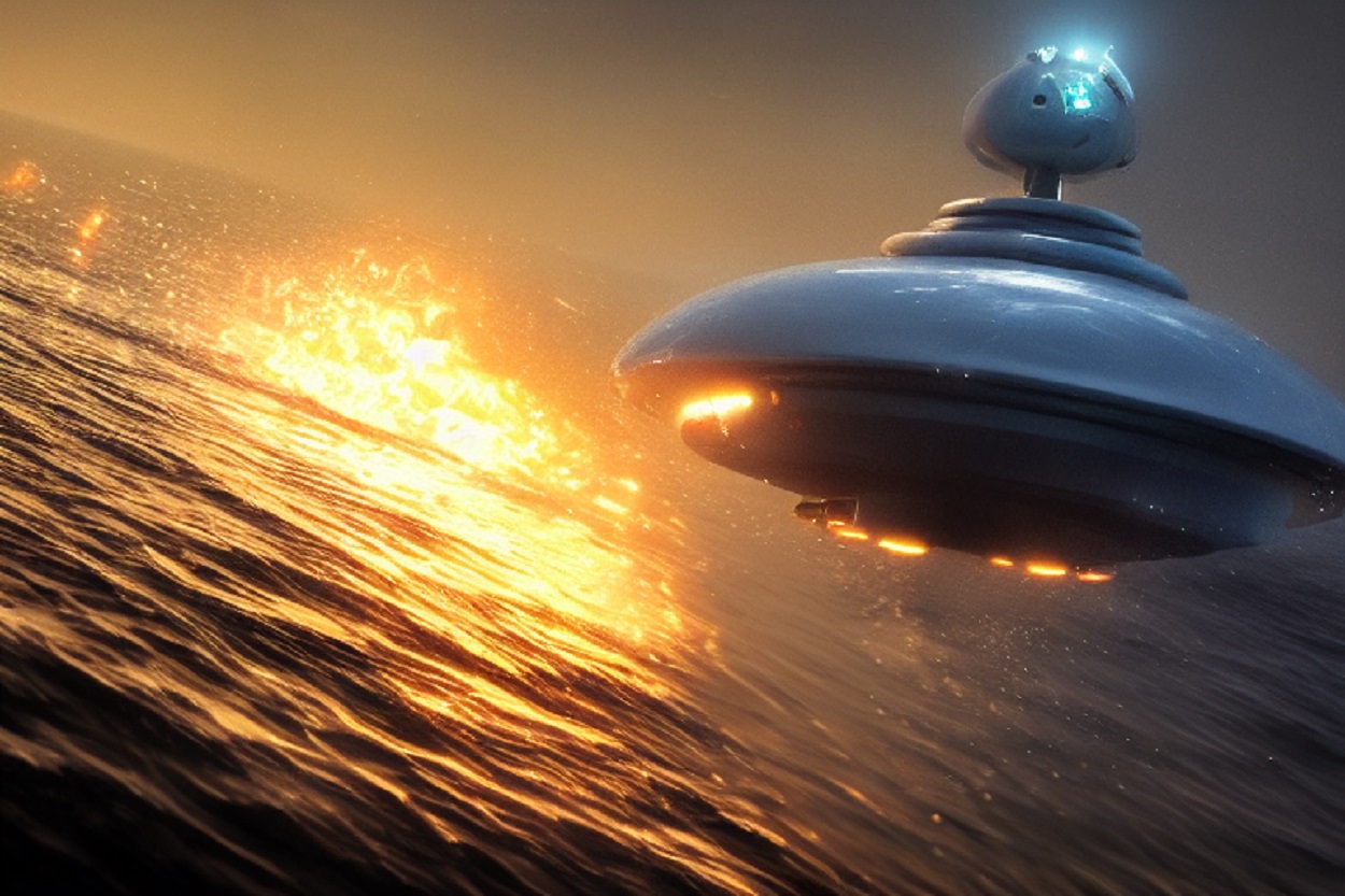 A depiction of a UFO hovering over the water