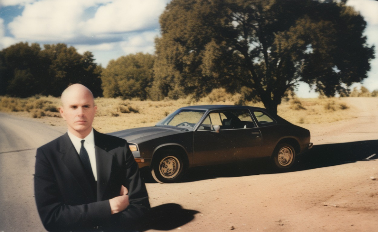 A man wearing a suit standing outside a car