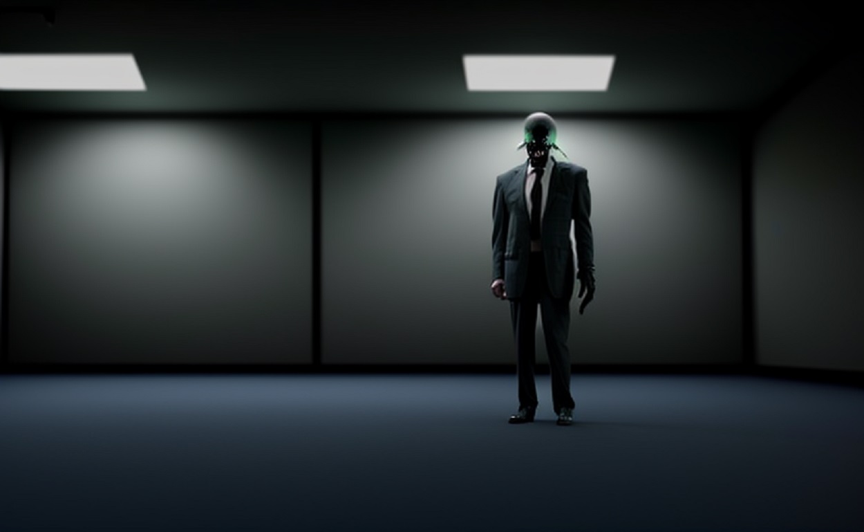 A depiction of an alien wearing a suit in a dark room 