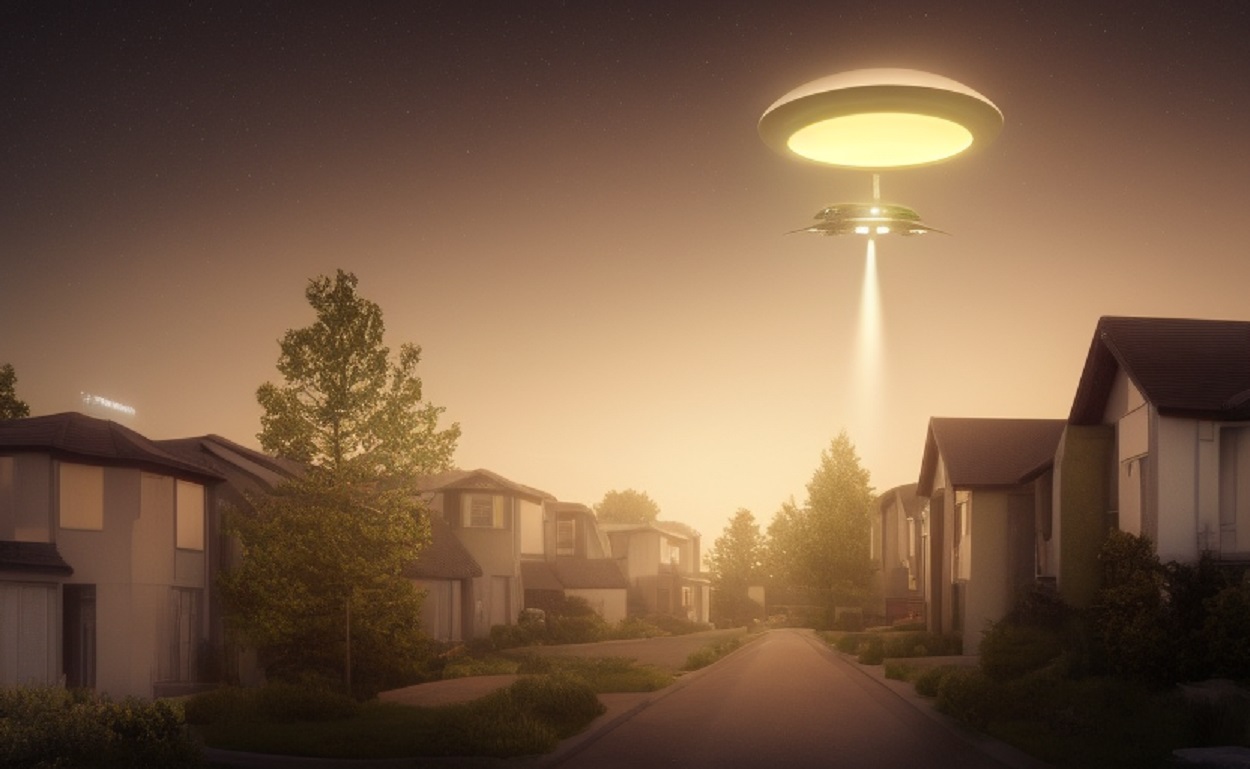 A depiction of a UFO over a housing estate