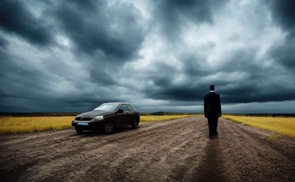 A depiction of a man standing near a car on a dirt road