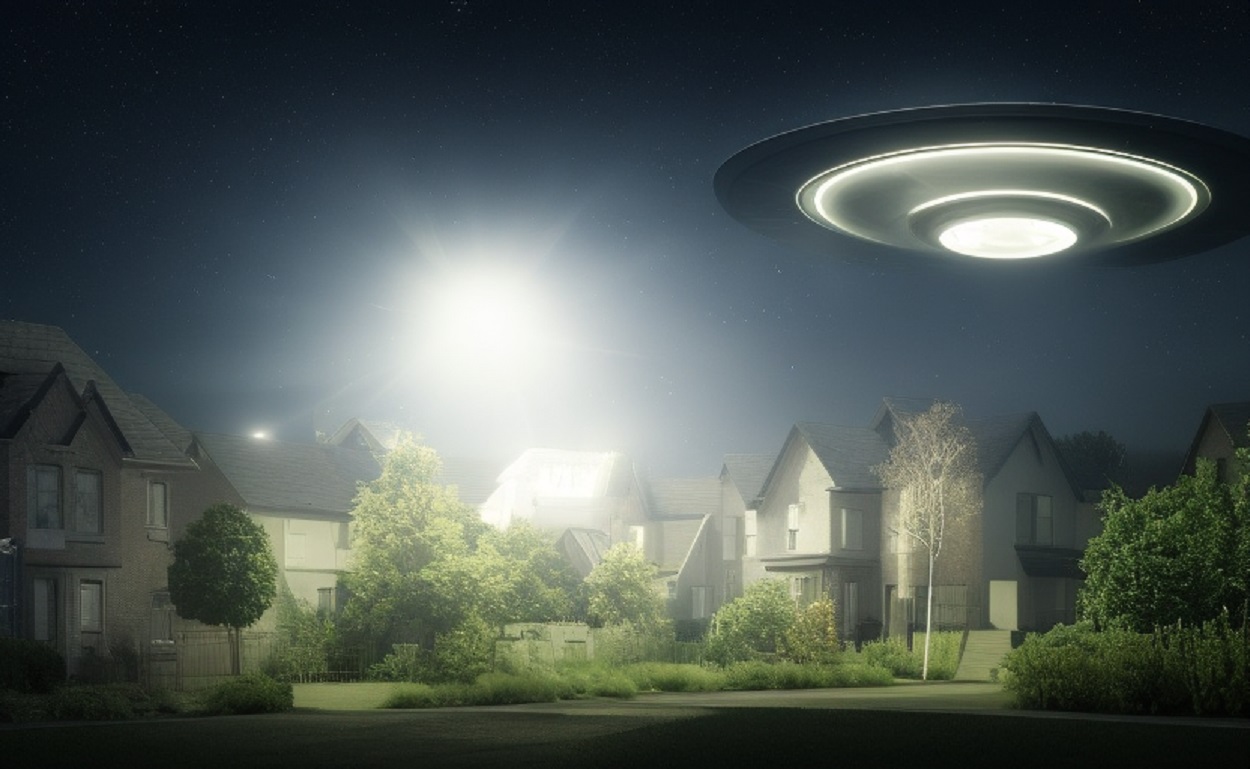 A depiction of a UFO over a housing estate 