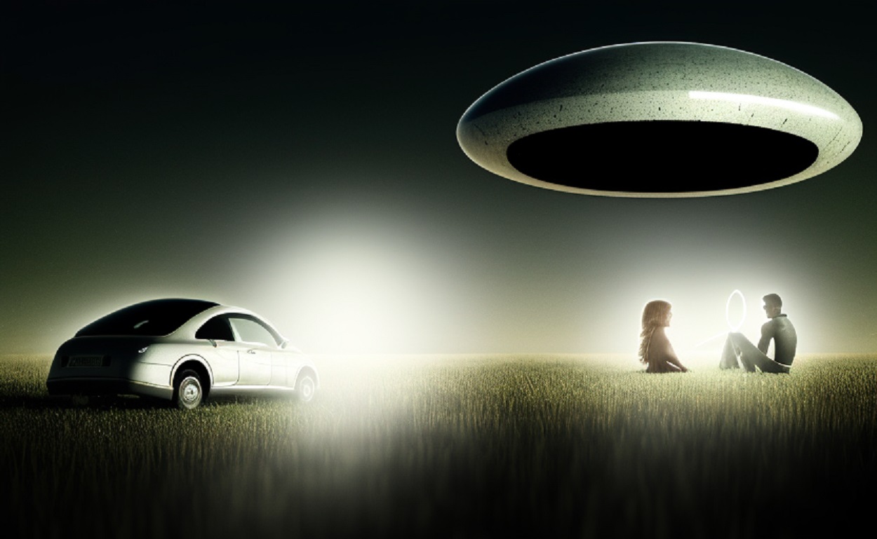 A depiction of a couple sitting in a field with a UFO overhead