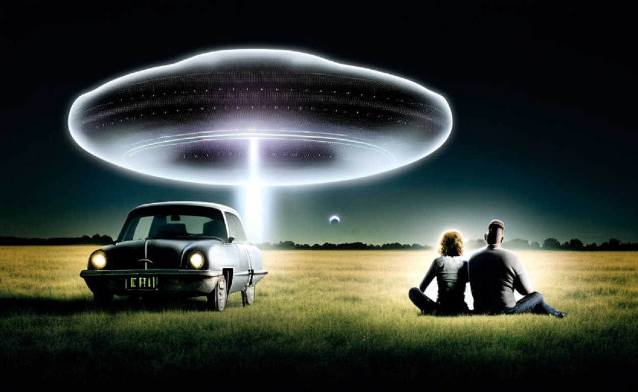 A depiction of man and a woman sitting in a field with a UFO overhead
