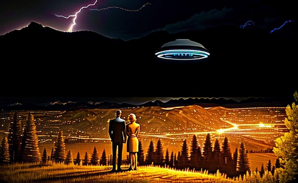 A depiction of a couple watching a UFO