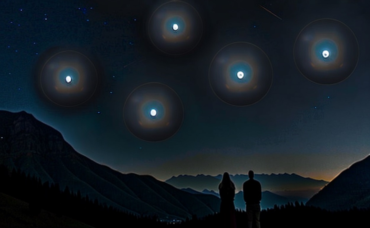 A depiction of a couple watching strange orbs of light overhead
