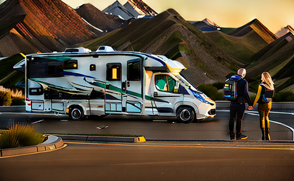 A depiction of a couple standing outside their motorhome