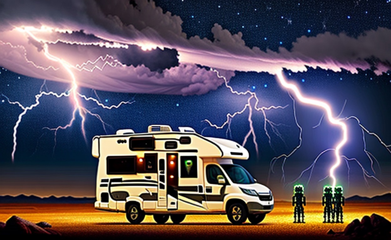 A depiction of aliens surrounding a motorhome